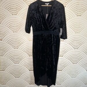 NEW Black Velvet LARGE Midi Dress V ASYMMETRIC Elastic, Front Slit Witchy Goth